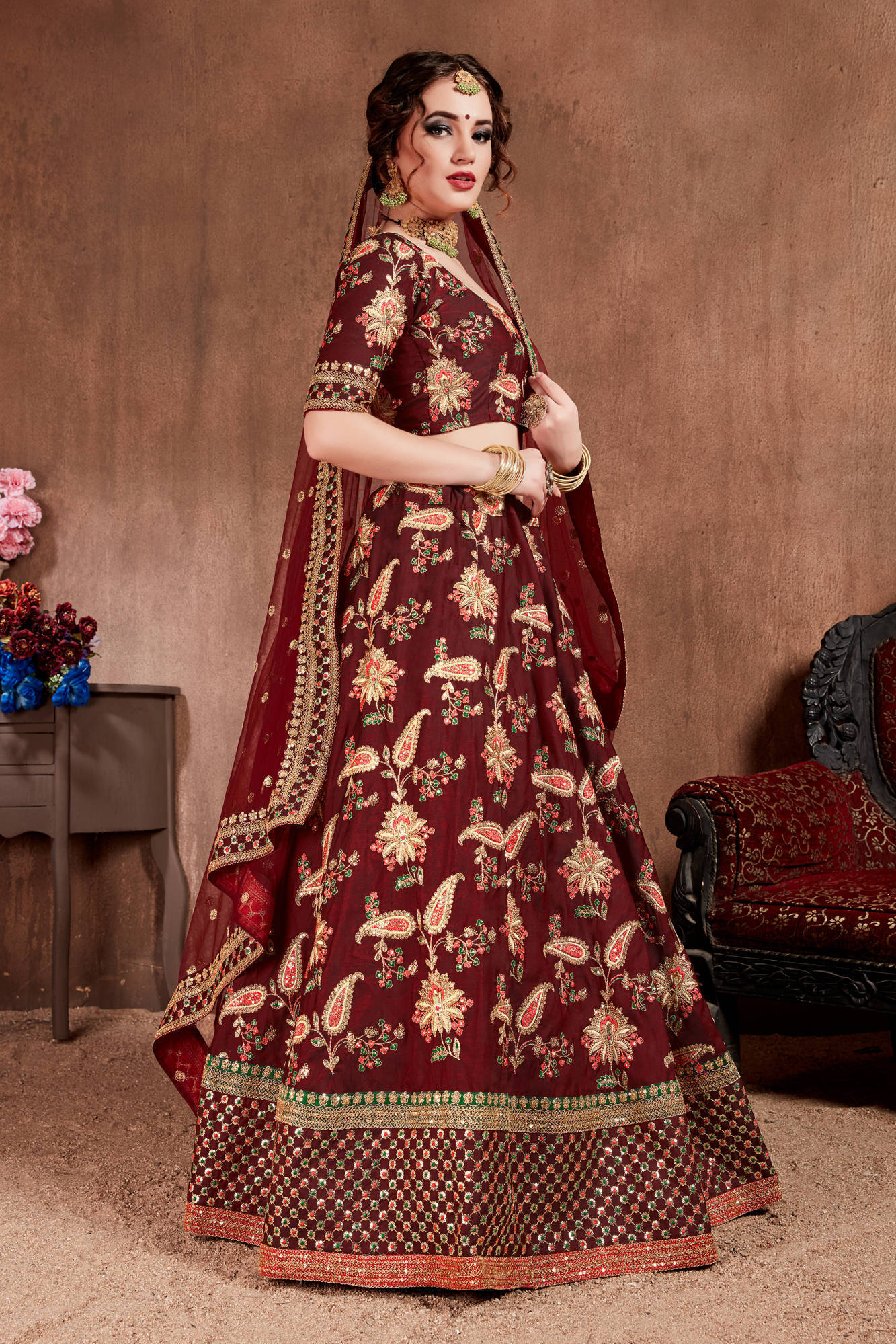 Blooming Dark Maroon Colored Bridal Wear Designer Embroidered Lehenga choli Clothsvilla
