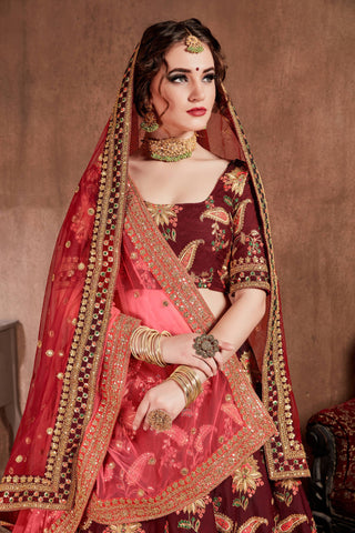 Blooming Dark Maroon Colored Bridal Wear Designer Embroidered Lehenga choli Clothsvilla