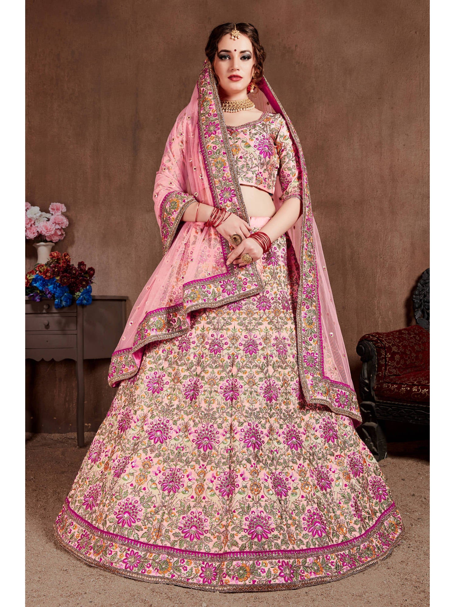 Arresting Pastel Pink Colored Bridal Wear Designer Embroidered Lehenga choli Clothsvilla