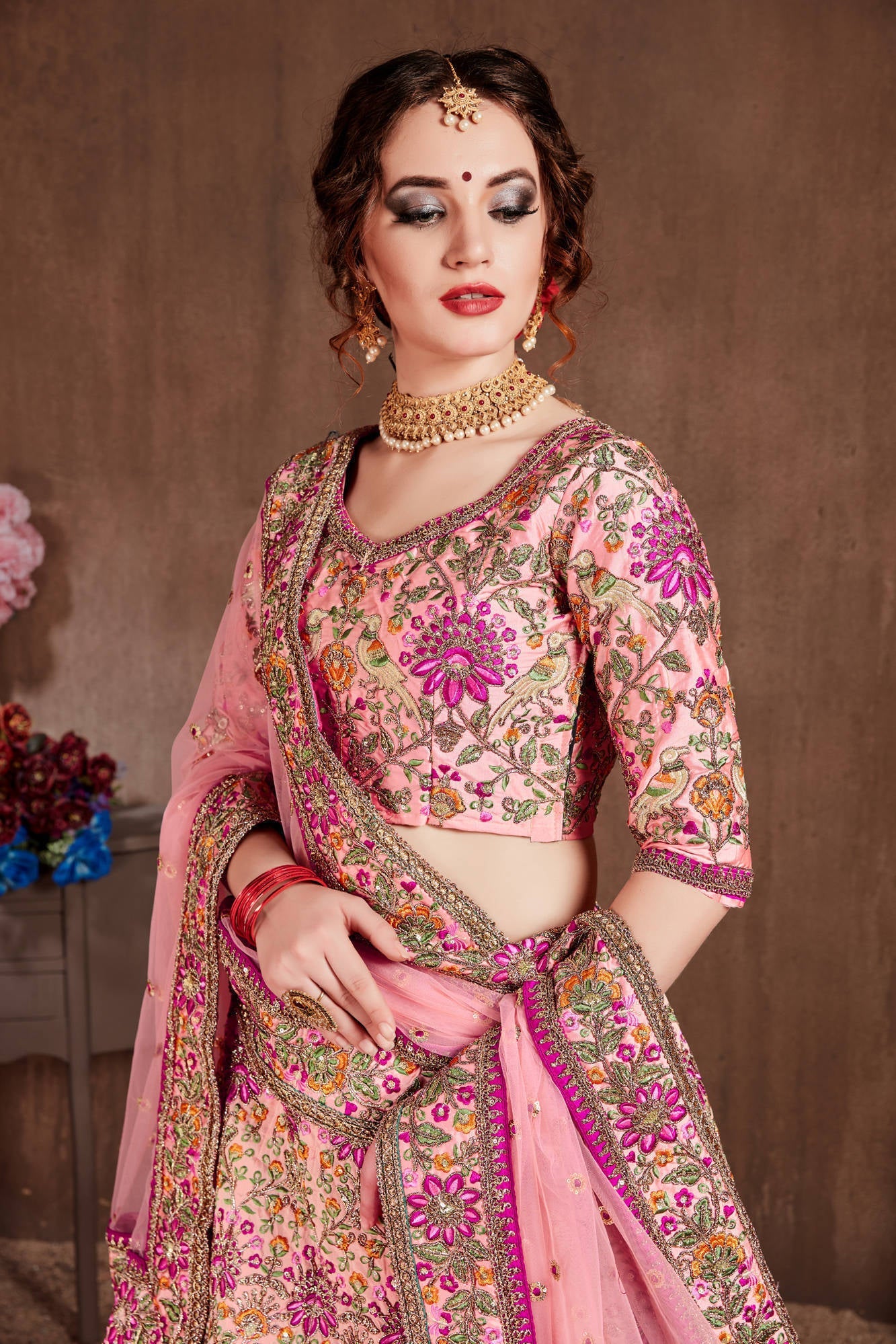 Arresting Pastel Pink Colored Bridal Wear Designer Embroidered Lehenga choli Clothsvilla