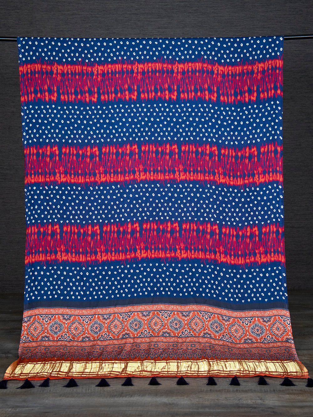 Navy Blue Color Digital Printed Pure Gaji Silk Dupatta With Tassels Clothsvilla
