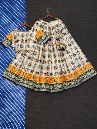 Navy Blue Color Foil And Printed Pure Cotton Lehenga Choli With Bandhej Silk Dupatta Clothsvilla