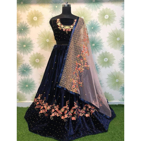 Navy Blue Velvet Lehenga with Pearls ClothsVilla Main image