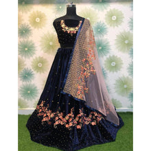 Load image into Gallery viewer, Navy Blue Velvet Lehenga with Pearls ClothsVilla