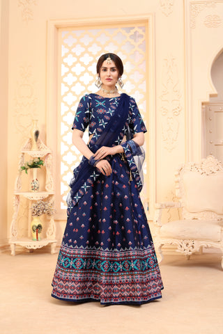 Navy-Blue Digital Printed Art Silk Bridal Lehenga ClothsVilla