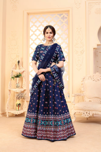 Navy-Blue Digital Printed Art Silk Bridal Lehenga ClothsVilla