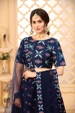 Navy-Blue Digital Printed Art Silk Bridal Lehenga ClothsVilla