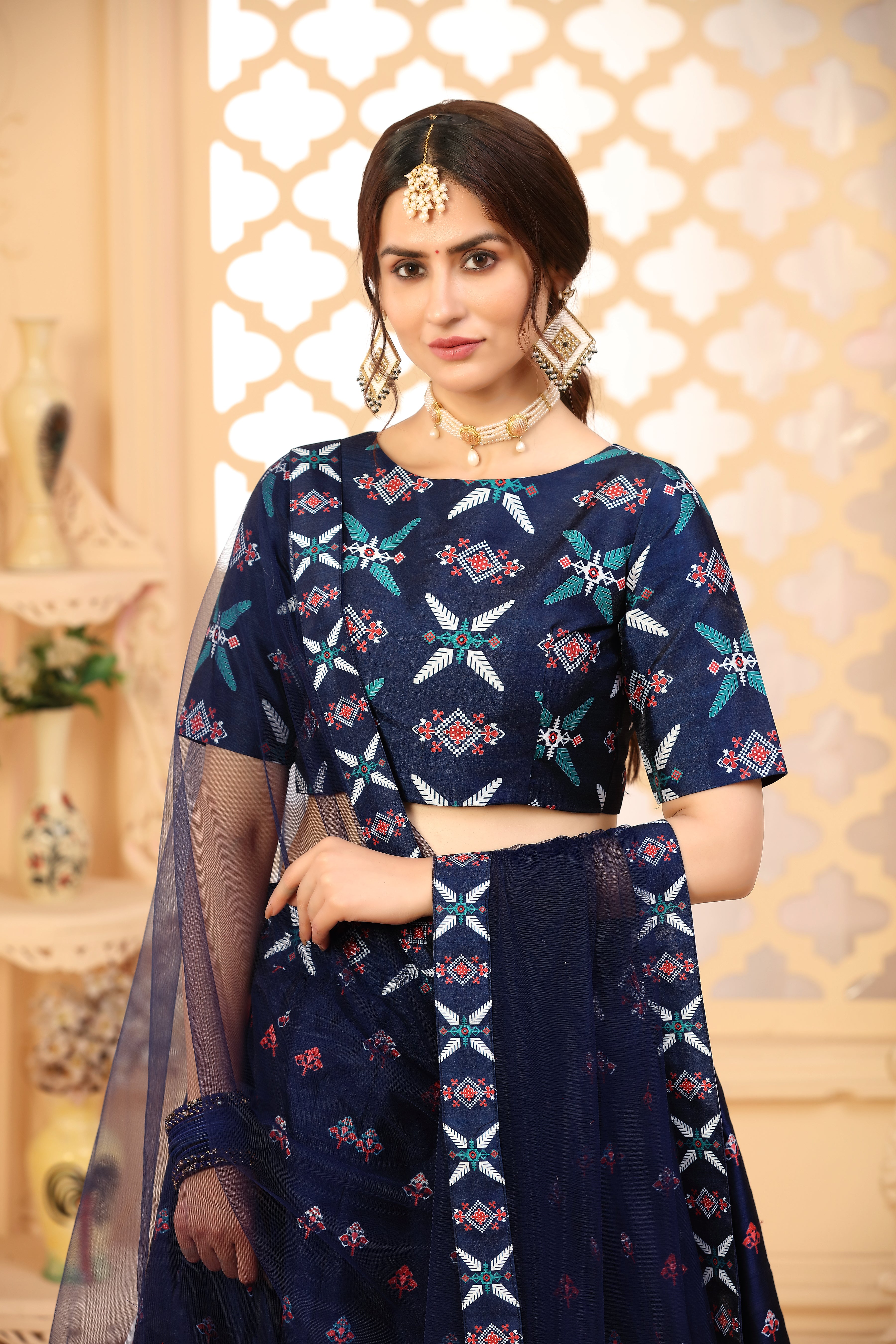 Navy-Blue Digital Printed Art Silk Bridal Lehenga ClothsVilla