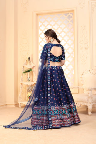 Navy-Blue Digital Printed Art Silk Bridal Lehenga ClothsVilla
