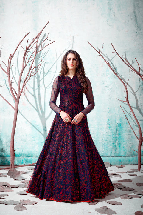 Navy-Blue Foilage Print Net Long Evening Party Gown Semi Stitched ClothsVilla Main image