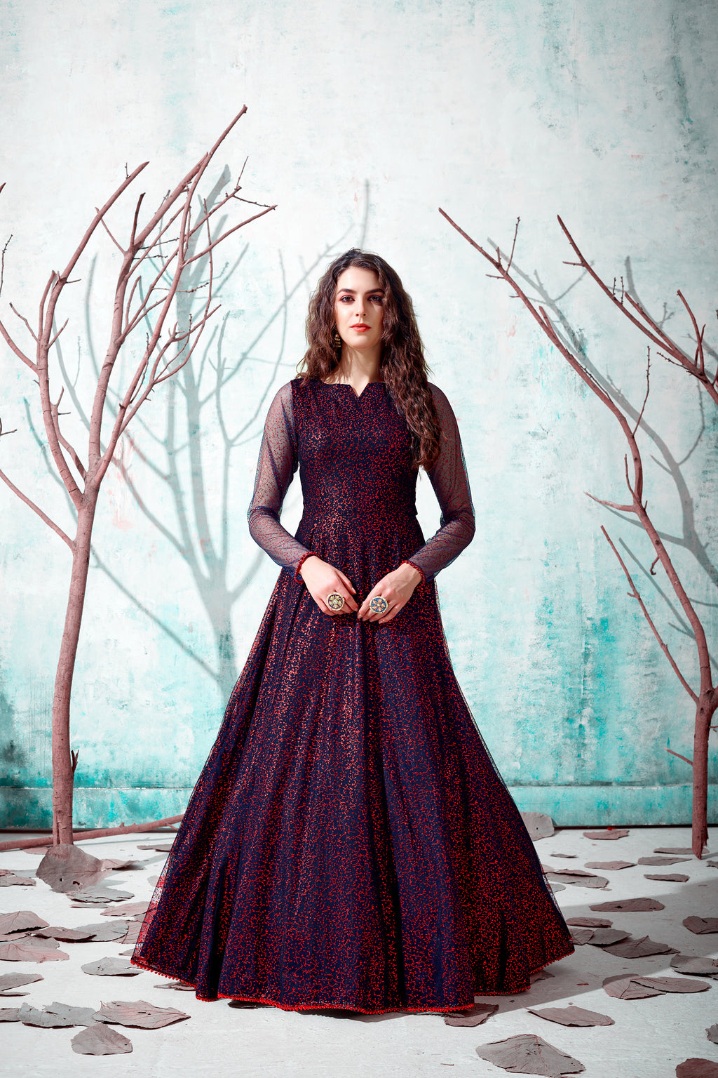 Navy-Blue Foilage Print Net Long Evening Party Gown Semi Stitched ClothsVilla