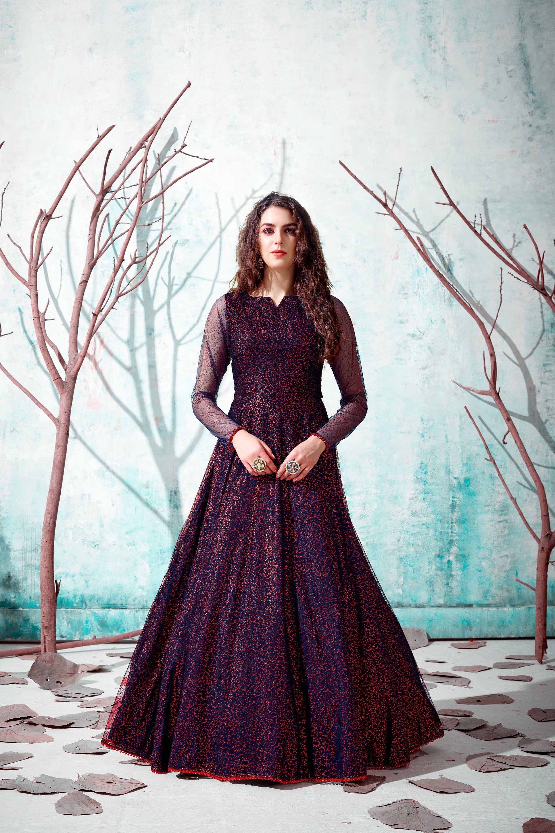 Navy-Blue Foilage Print Net Long Evening Party Gown Semi Stitched ClothsVilla
