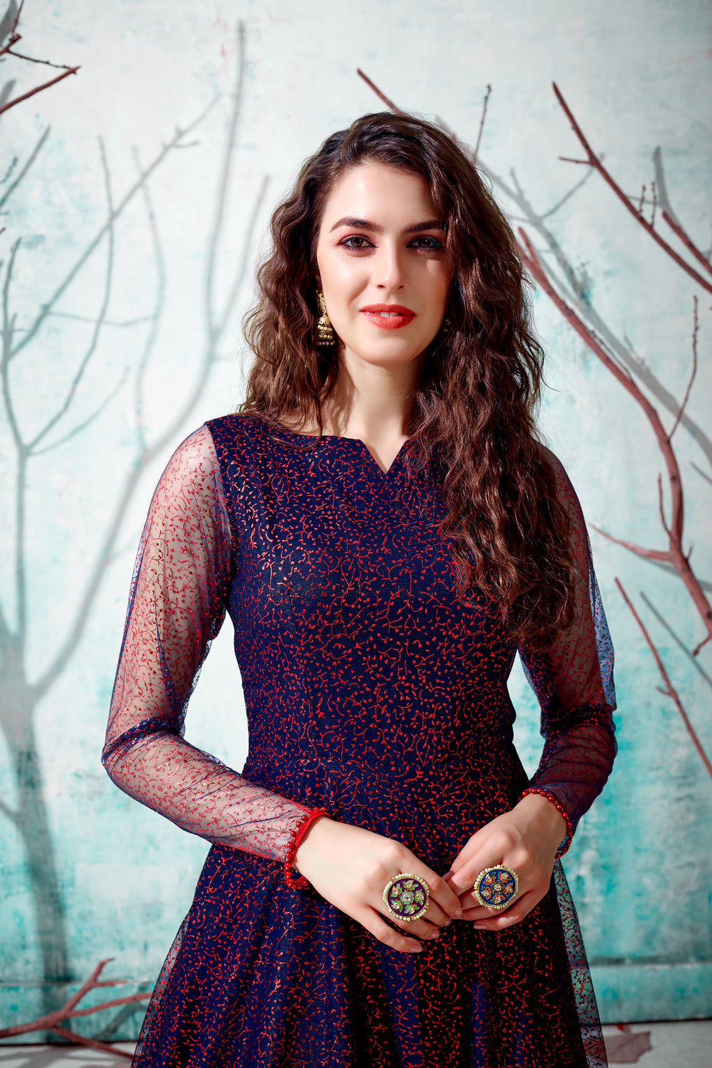 Navy-Blue Foilage Print Net Long Evening Party Gown Semi Stitched ClothsVilla