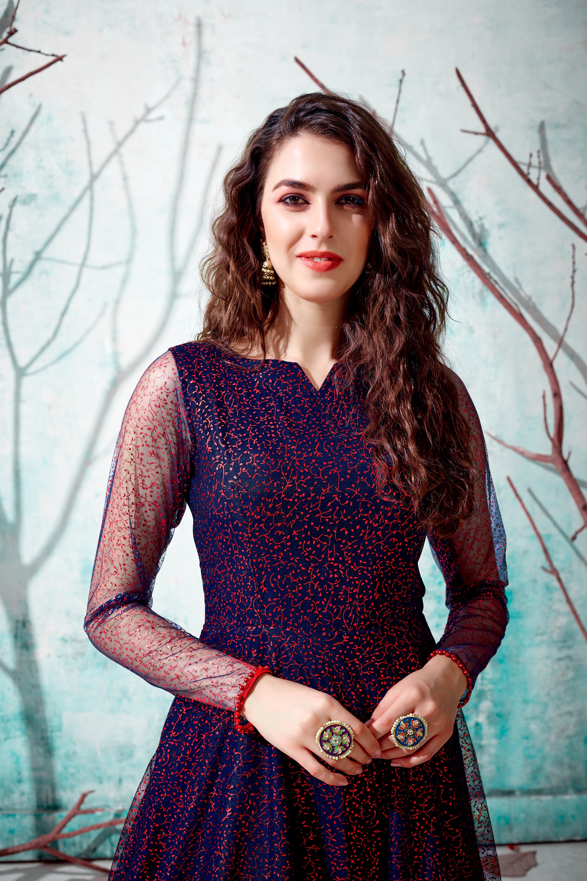 Navy-Blue Foilage Print Net Long Evening Party Gown Semi Stitched ClothsVilla