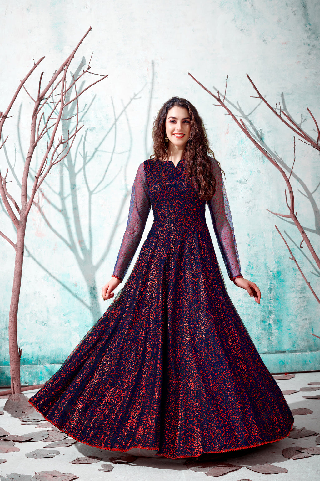 Navy-Blue Foilage Print Net Long Evening Party Gown Semi Stitched ClothsVilla