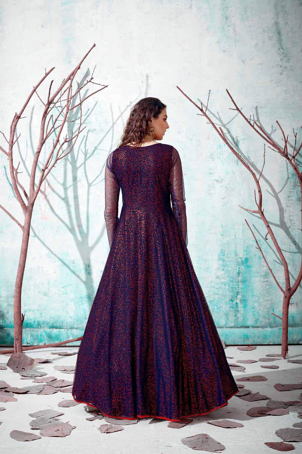 Navy-Blue Foilage Print Net Long Evening Party Gown Semi Stitched ClothsVilla