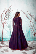 Load image into Gallery viewer, Navy-Blue Foilage Print Net Long Evening Party Gown Semi Stitched ClothsVilla