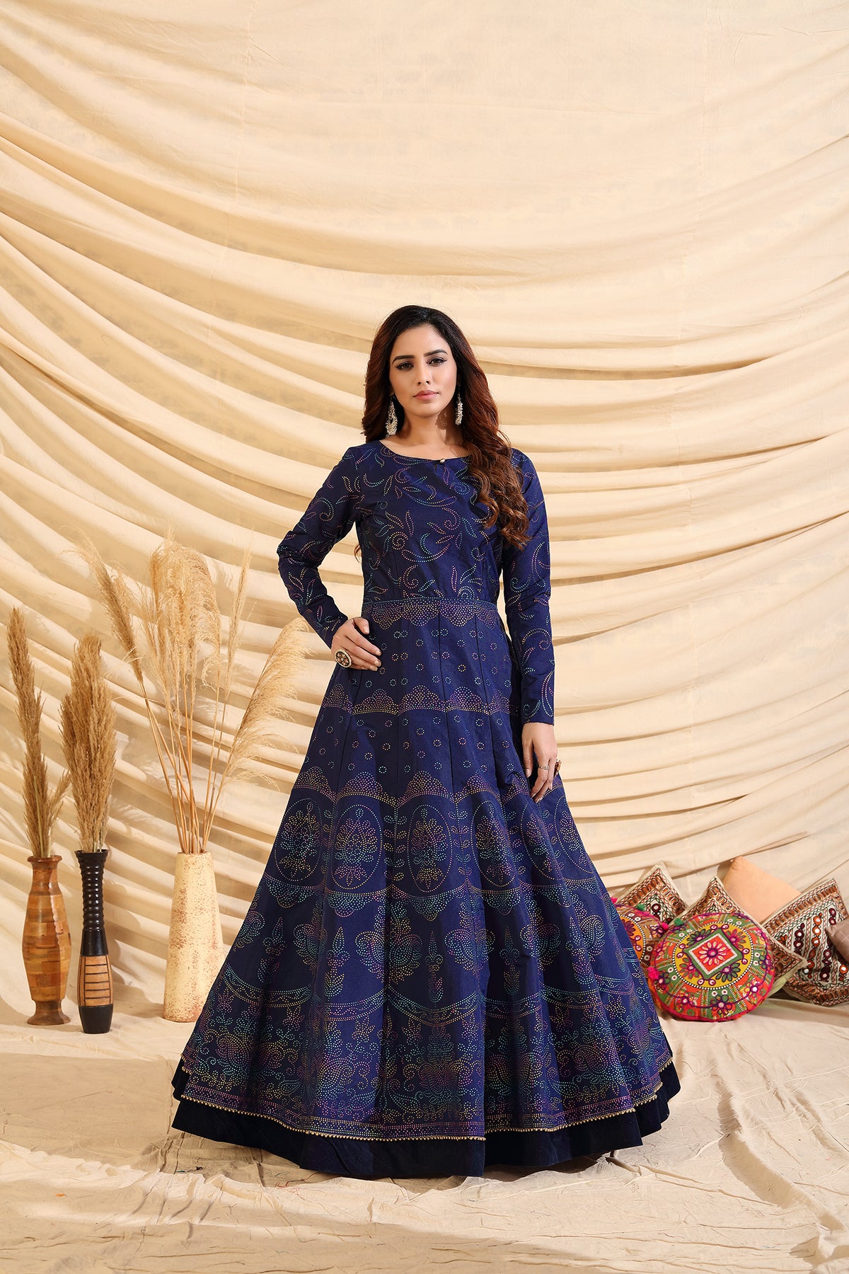 Navy-Blue Pigment Foliage Taffeta Silk Party Wear Gown Semi Stitched ClothsVilla Main image