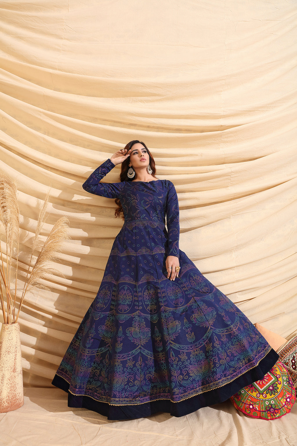 Navy-Blue Pigment Foliage Taffeta Silk Party Wear Gown Semi Stitched ClothsVilla