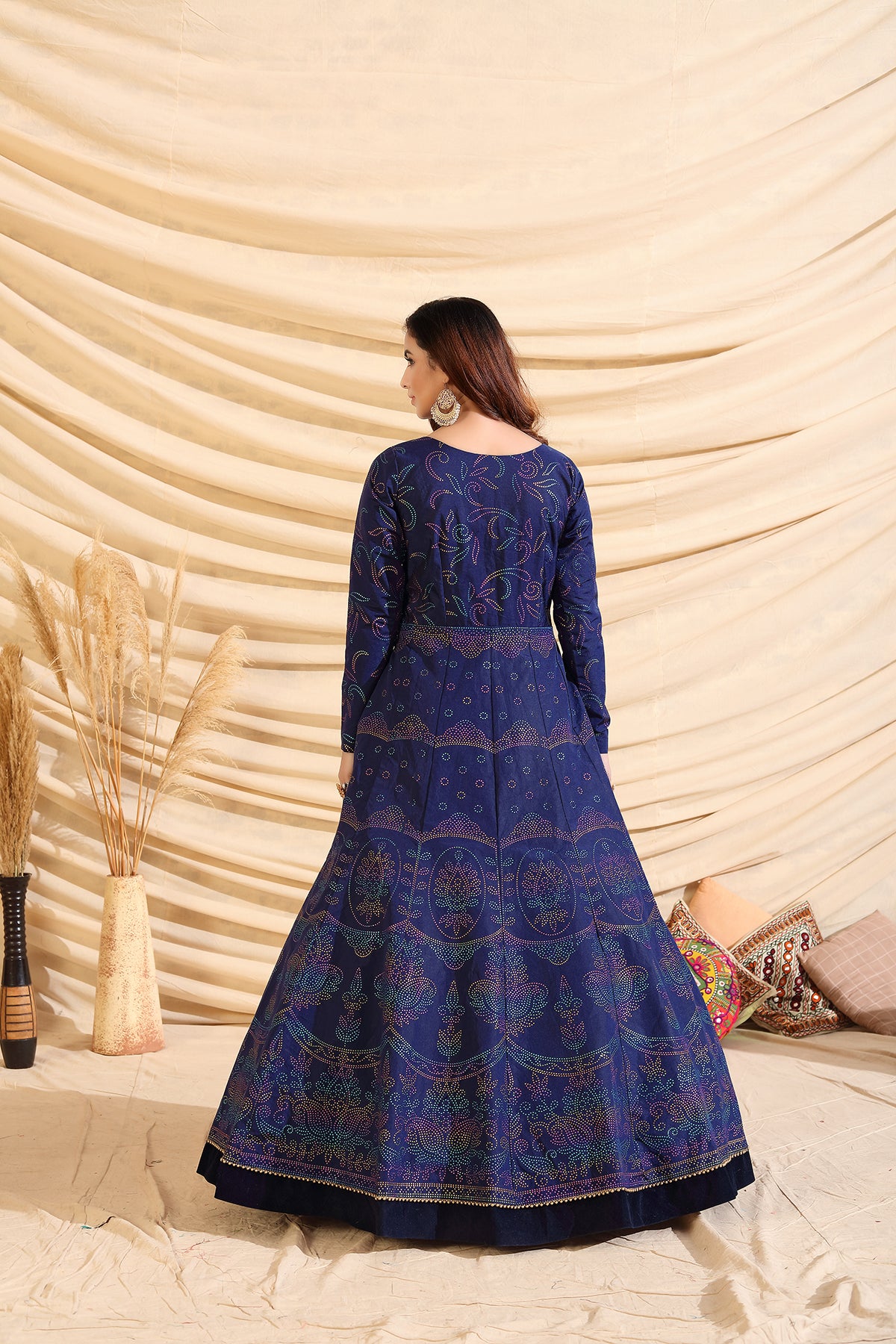 Navy-Blue Pigment Foliage Taffeta Silk Party Wear Gown Semi Stitched ClothsVilla