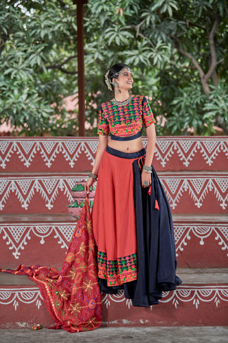 Navy-Blue & Orange Embroidered Cotton Indian Traditional Festival Dandiya Raas Garba Semi Stitched Navratri Lehenga ClothsVilla