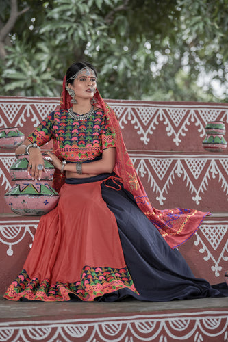 Navy-Blue & Orange Embroidered Cotton Indian Traditional Festival Dandiya Raas Garba Semi Stitched Navratri Lehenga ClothsVilla