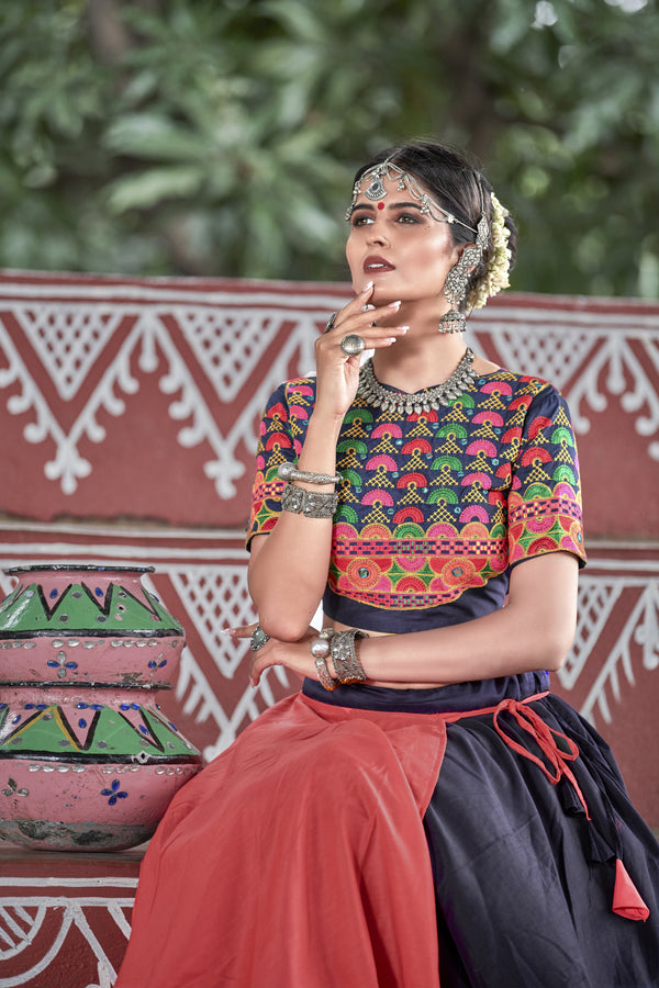 Navy-Blue & Orange Embroidered Cotton Indian Traditional Festival Dandiya Raas Garba Semi Stitched Navratri Lehenga ClothsVilla