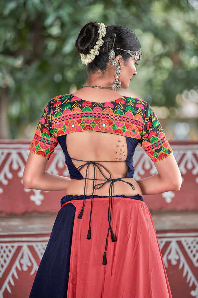 Navy-Blue & Orange Embroidered Cotton Indian Traditional Festival Dandiya Raas Garba Semi Stitched Navratri Lehenga ClothsVilla