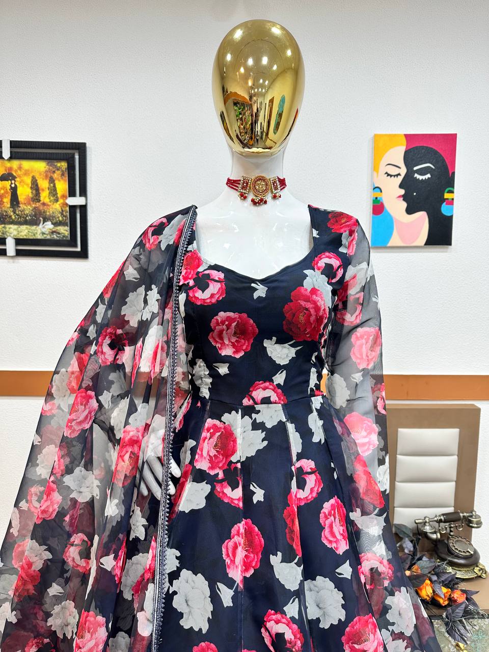 Navy Blue Anarkali Gown in Organza with Digital Print ClothsVilla