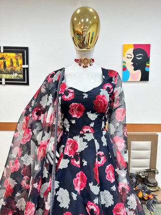 Navy Blue Anarkali Gown in Organza with Digital Print ClothsVilla