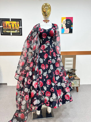 Navy Blue Anarkali Gown in Organza with Digital Print ClothsVilla