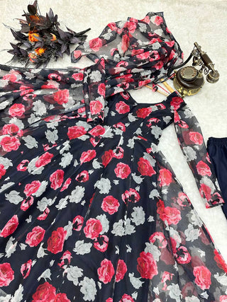 Navy Blue Anarkali Gown in Organza with Digital Print ClothsVilla