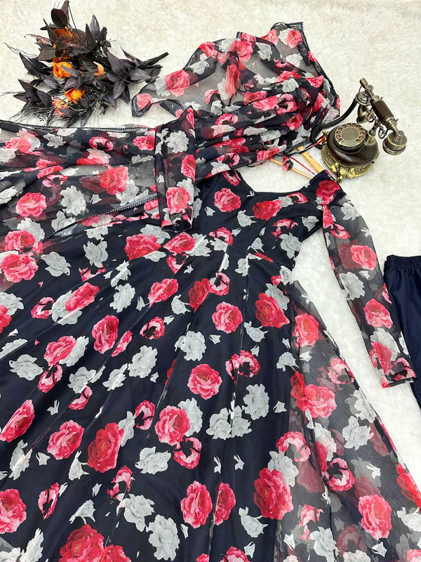 Navy Blue Anarkali Gown in Organza with Digital Print ClothsVilla