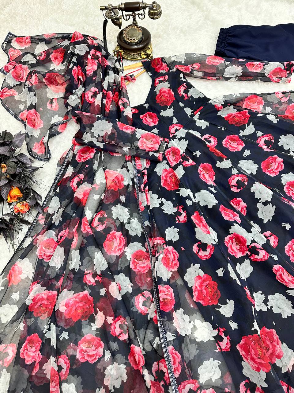 Navy Blue Anarkali Gown in Organza with Digital Print ClothsVilla