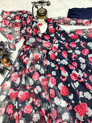 Navy Blue Anarkali Gown in Organza with Digital Print ClothsVilla