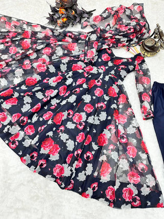 Navy Blue Anarkali Gown in Organza with Digital Print ClothsVilla