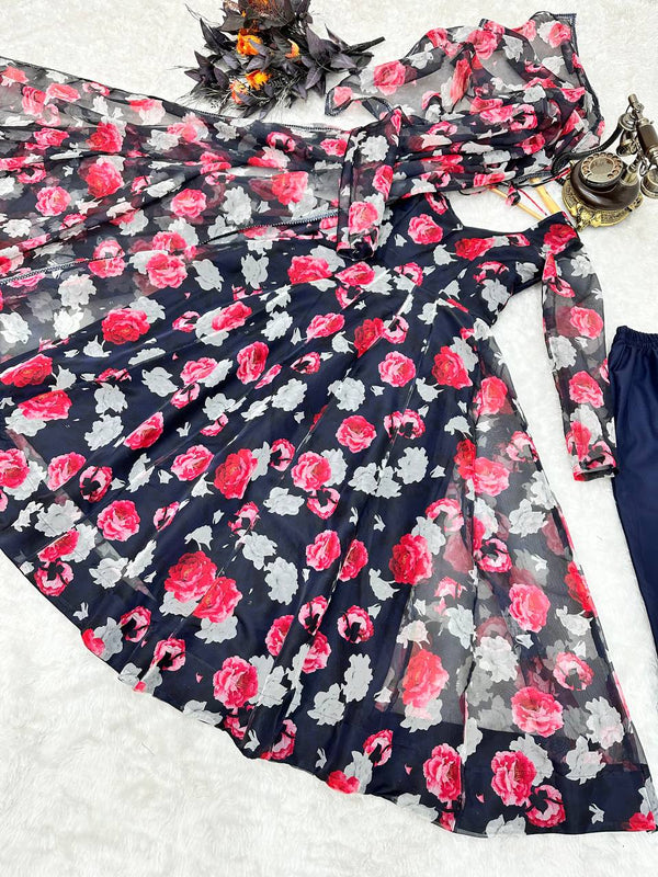 Navy Blue Anarkali Gown in Organza with Digital Print ClothsVilla