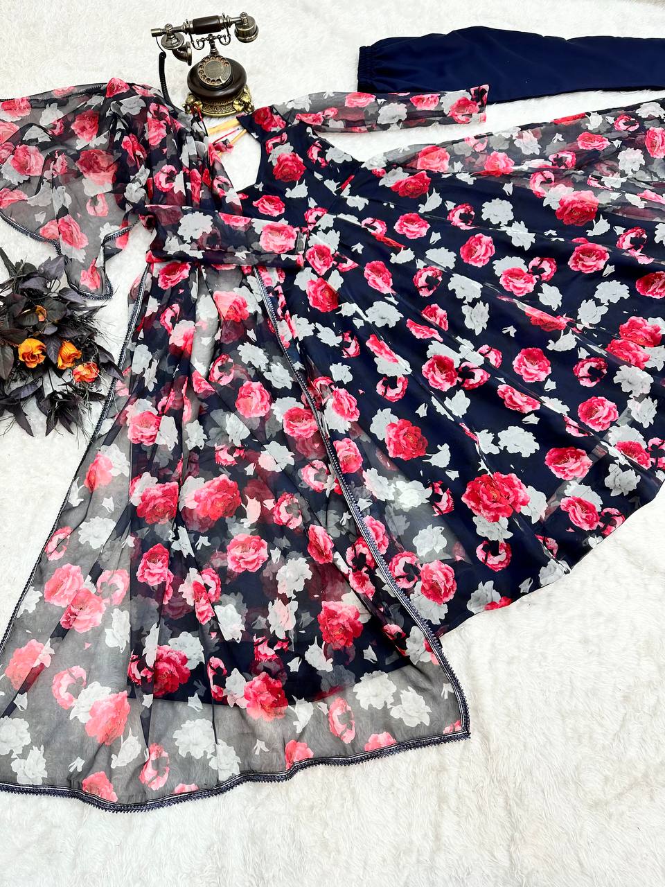 Navy Blue Anarkali Gown in Organza with Digital Print ClothsVilla