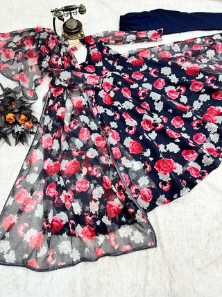 Navy Blue Anarkali Gown in Organza with Digital Print ClothsVilla