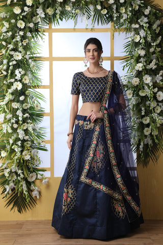 Navy Blue Bridal Lehenga With Thread Embroidered Work And Enhance Stone Pasting Work For Indian Bridal Wedding, Party Wears Lehenga Choli ClothsVilla