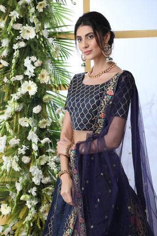 Navy Blue Bridal Lehenga With Thread Embroidered Work And Enhance Stone Pasting Work For Indian Bridal Wedding, Party Wears Lehenga Choli ClothsVilla