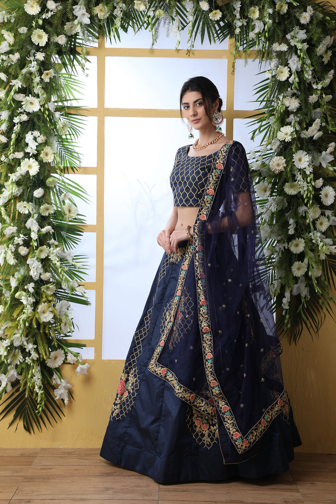 Navy Blue Bridal Lehenga With Thread Embroidered Work And Enhance Stone Pasting Work For Indian Bridal Wedding, Party Wears Lehenga Choli ClothsVilla