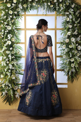 Navy Blue Bridal Lehenga With Thread Embroidered Work And Enhance Stone Pasting Work For Indian Bridal Wedding, Party Wears Lehenga Choli ClothsVilla