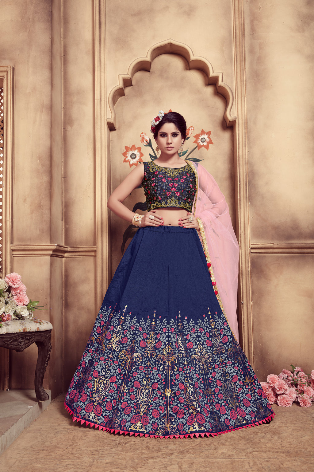 Navy Blue Color And Multi Rubber Foil Work With Designer Embroidery Work Blouse For Women Wedding, Party, Ethic Wear Chaniya Choli For Women ClothsVilla