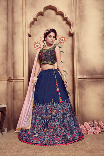 Navy Blue Color And Multi Rubber Foil Work With Designer Embroidery Work Blouse For Women Wedding, Party, Ethic Wear Chaniya Choli For Women ClothsVilla