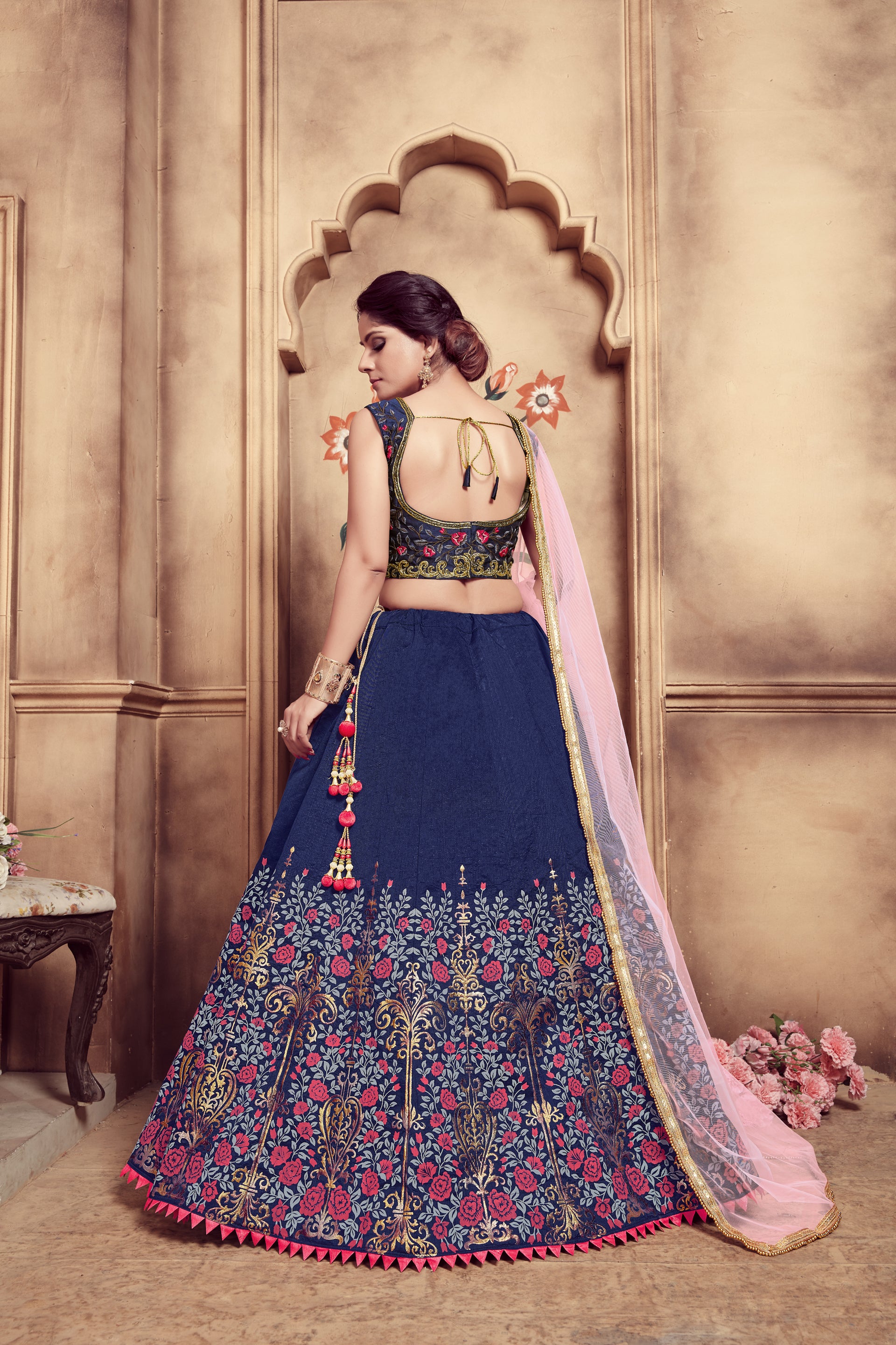 Navy Blue Color And Multi Rubber Foil Work With Designer Embroidery Work Blouse For Women Wedding, Party, Ethic Wear Chaniya Choli For Women ClothsVilla