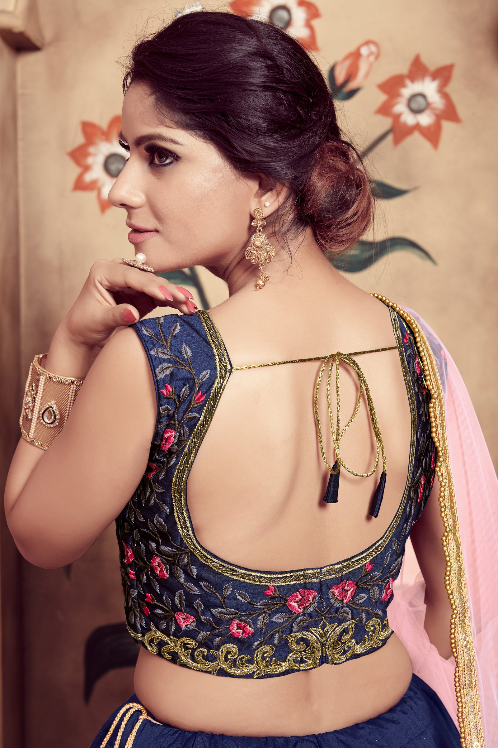 Navy Blue Color And Multi Rubber Foil Work With Designer Embroidery Work Blouse For Women Wedding, Party, Ethic Wear Chaniya Choli For Women ClothsVilla