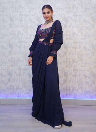 Navy Blue Color Georgette Fabric Thread And Zari Work Palazzo Salwar Suit Clothsvilla
