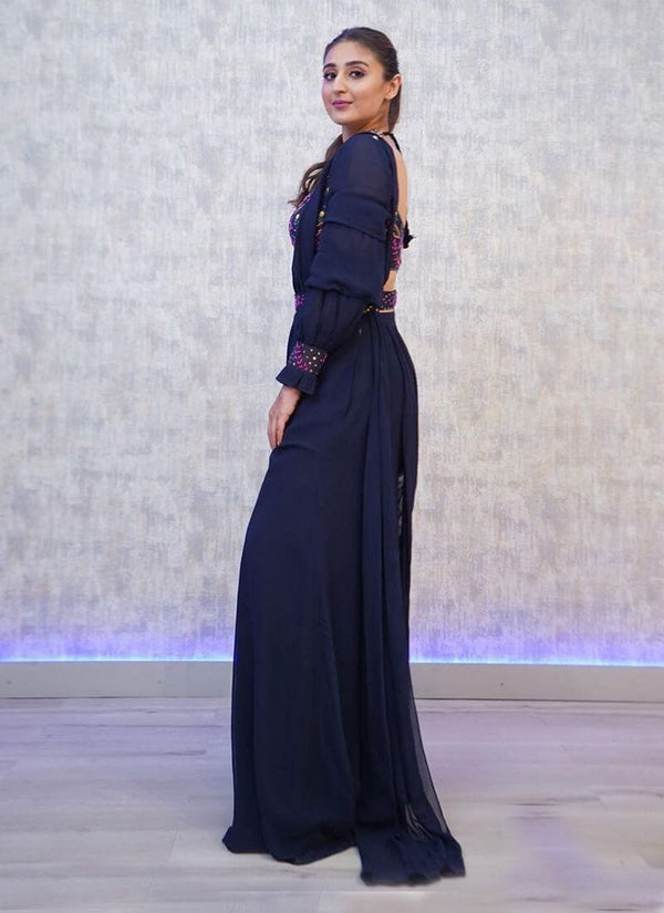 Navy Blue Color Georgette Fabric Thread And Zari Work Palazzo Salwar Suit Clothsvilla