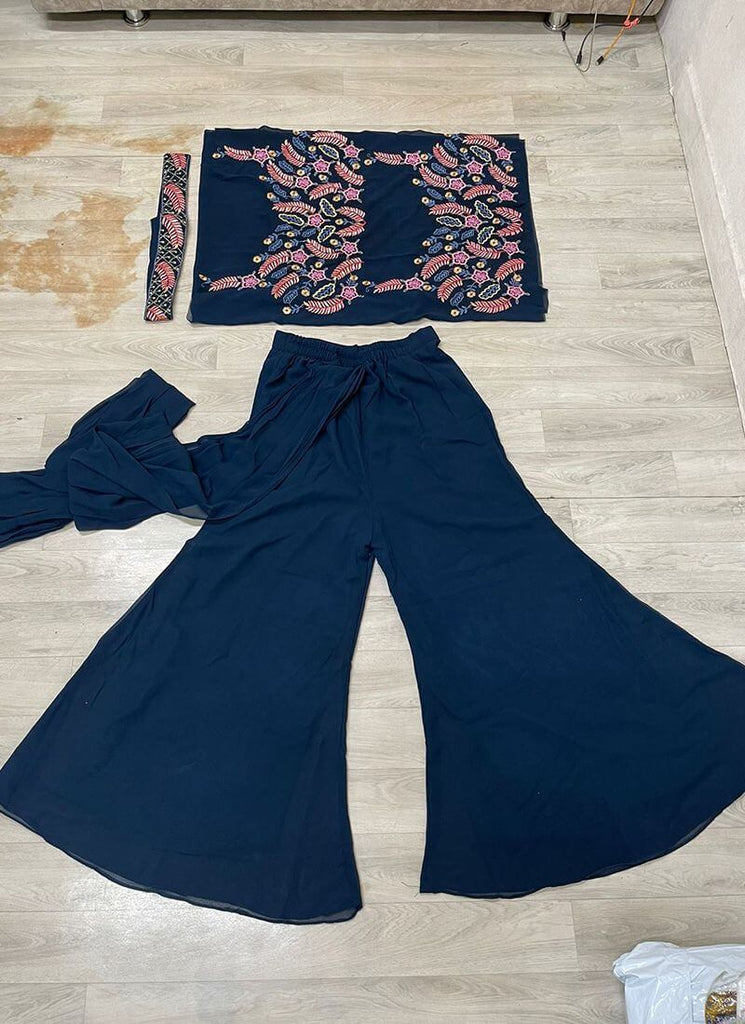Navy Blue Color Georgette Fabric Thread And Zari Work Palazzo Salwar Suit Clothsvilla